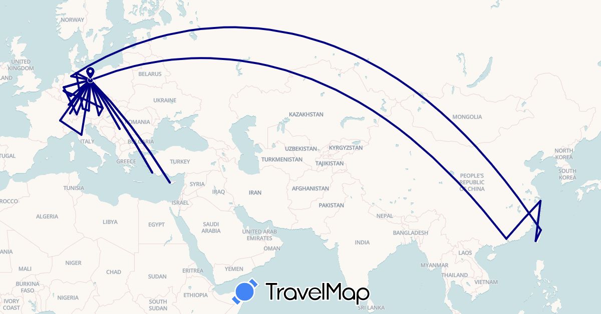 TravelMap itinerary: driving in Austria, Switzerland, China, Cyprus, Germany, Italy, Serbia, Turkey, Taiwan (Asia, Europe)